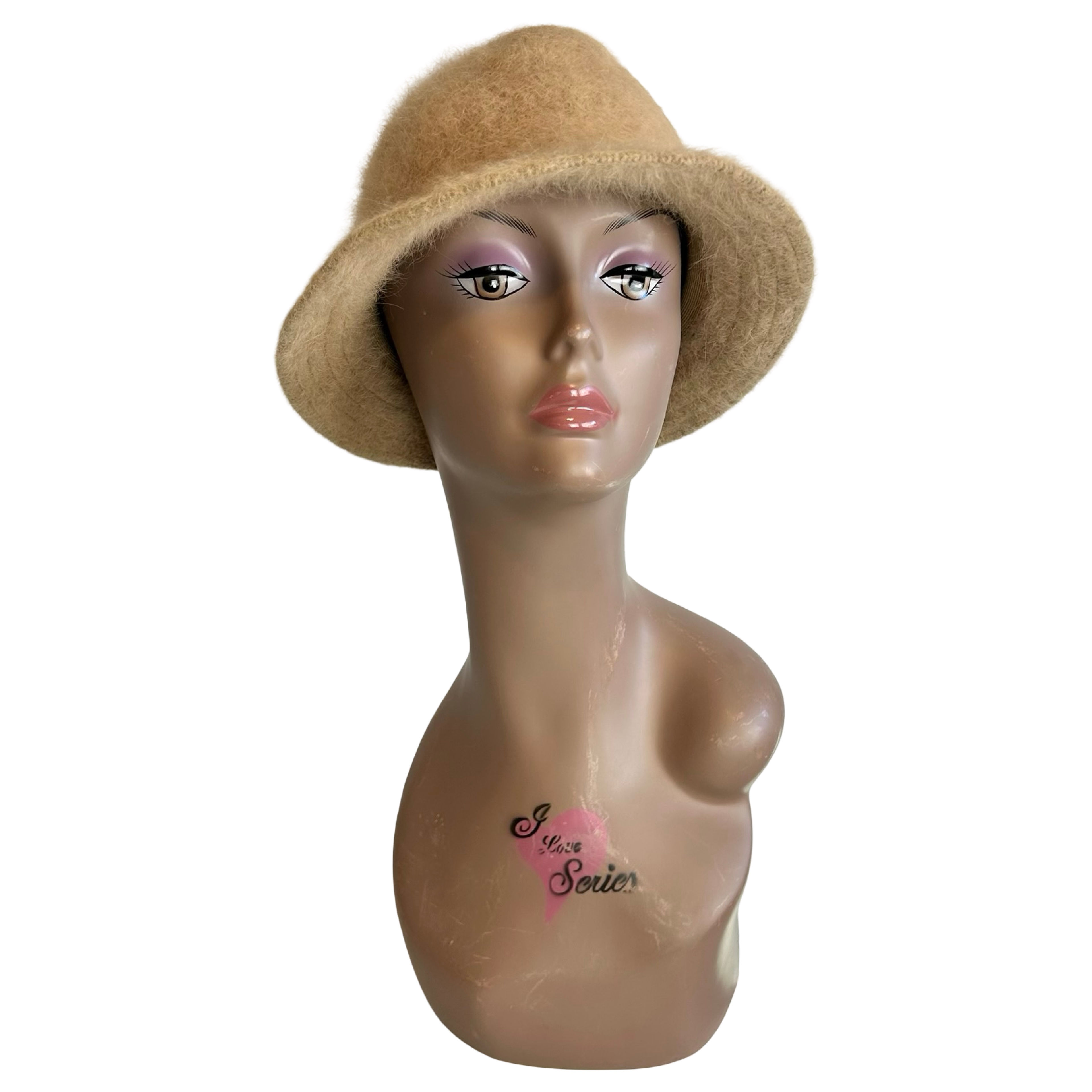 Vintage 90s Pro Tide Tan Angora Cloche Hat