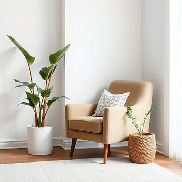 A chair in the corner of the room with a pot plant.