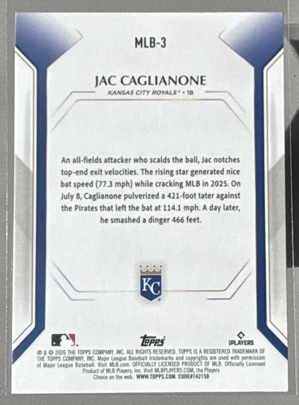 2026 Topps Collector's Kit Exclusive Jac Caglianone Rainbow Foil #MLB-3 RC - back