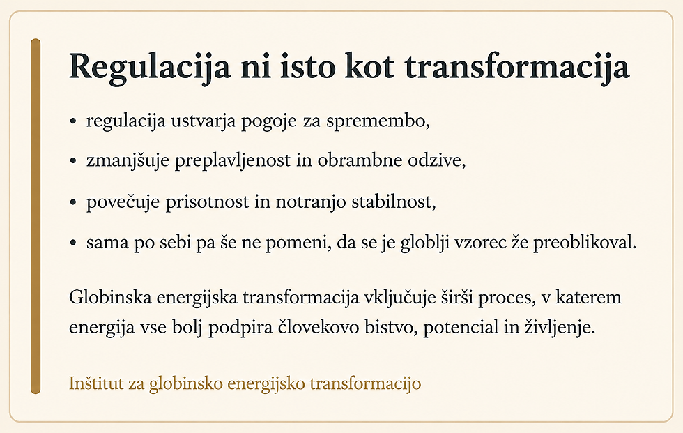 Informativna kartica pojasnjuje, da regulacija ustvarja pogoje za spremembo, vendar sama po sebi še ne pomeni, da se je globlji vzorec že preoblikoval. Globinska energijska transformacija vključuje širši proces razvoja človekovega potenciala in bistva.