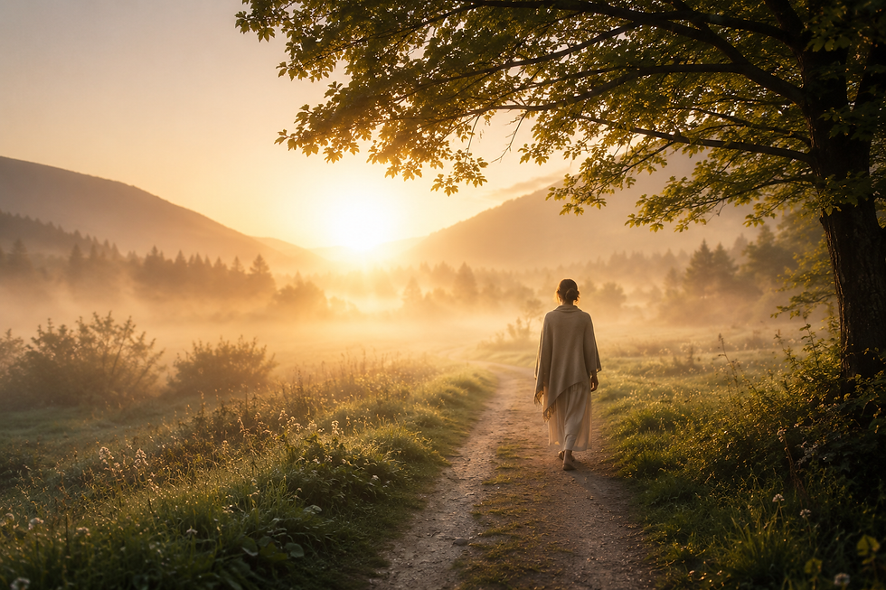 A woman walking along a path through morning mist toward soft golden light, symbolizing an inner journey, personal transformation, and the gradual realization of human potential.