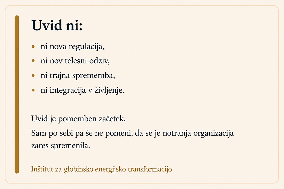 Kartica Inštituta za globinsko energijsko transformacijo z naslovom »Uvid ni«, ki pojasnjuje, da uvid sam po sebi še ne pomeni nove regulacije, novega telesnega odziva, trajne spremembe ali integracije v življenje.