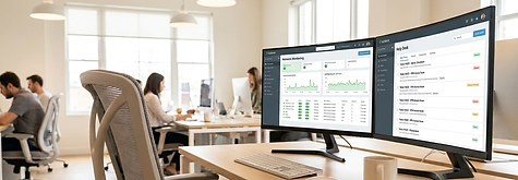 IT team monitoring business network infrastructure on dual screens