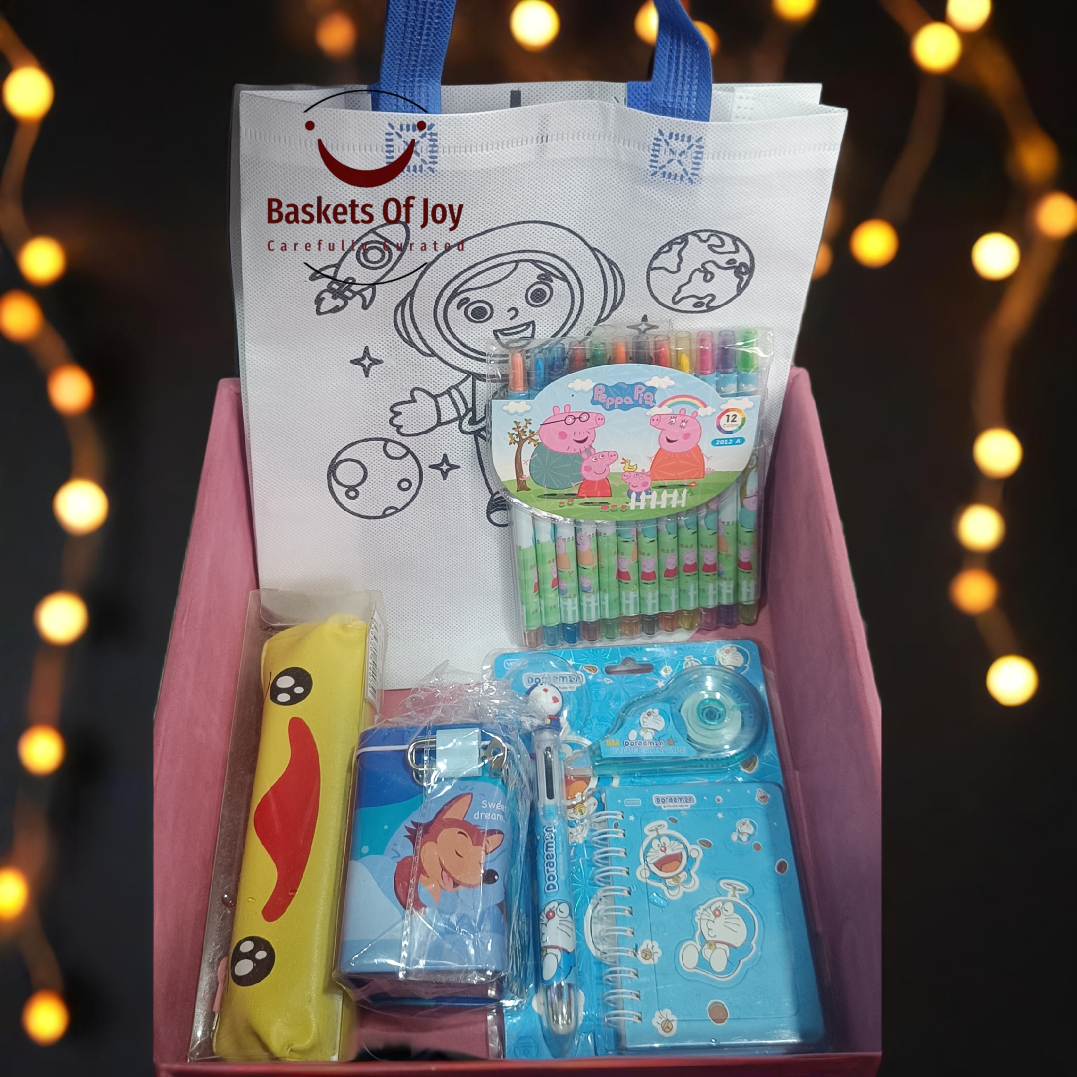 Baskets Of Joy gift basket: coloring book, crayons, and stationery