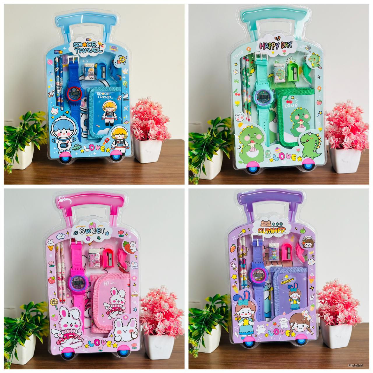 Four colorful stationery sets in suitcases