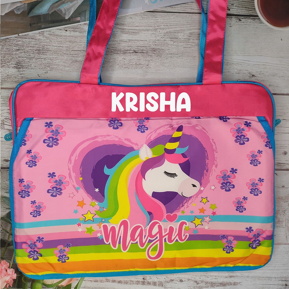 Pink unicorn laptop bag with 'Krisha' and 'Magic'