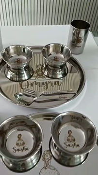 Thumbnail: Customised round thali set with glass bowl and spoon for birthday return gift 
