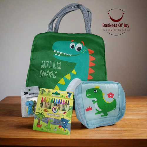Cartoon dinosaur gift hamper with insulated lunch bag