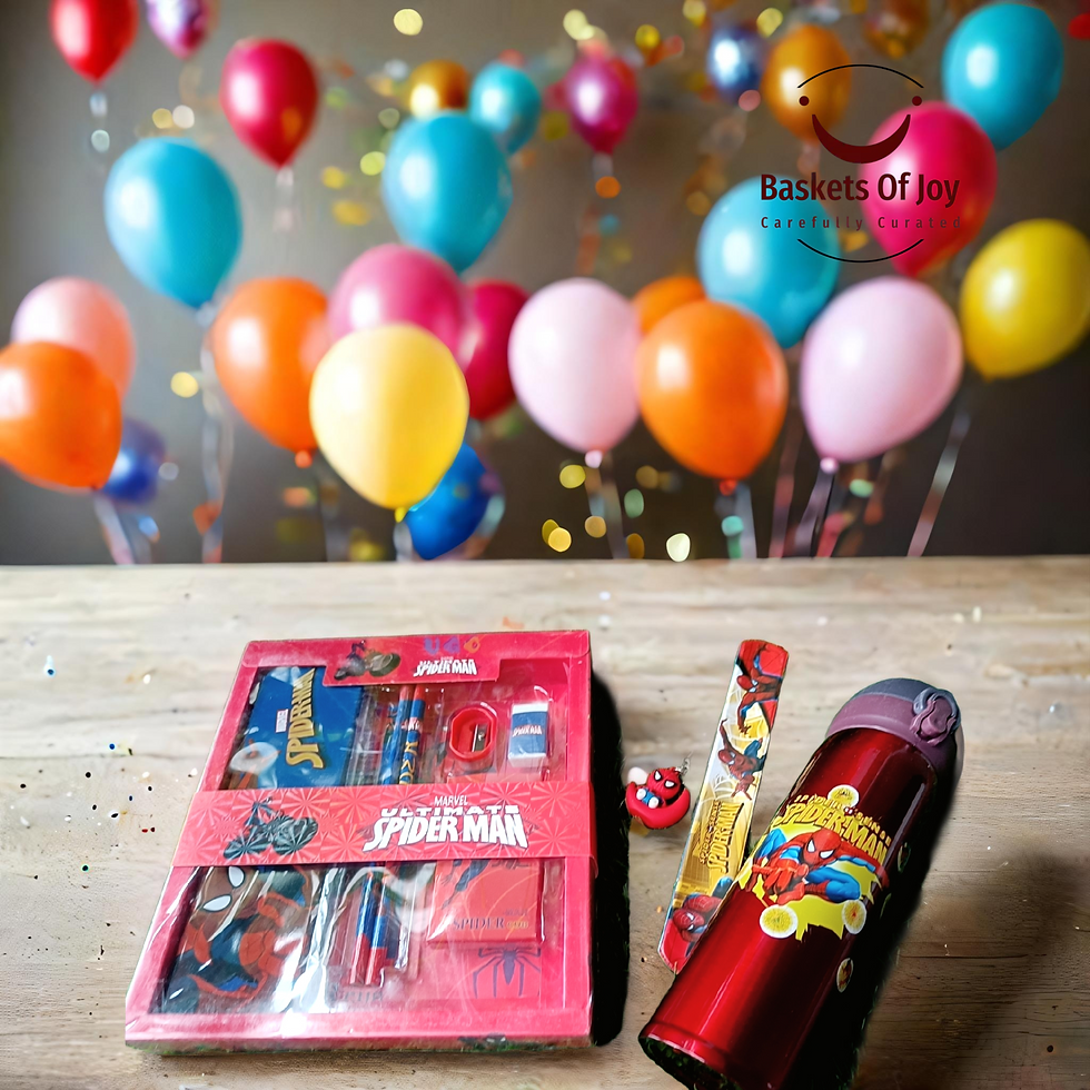 Spiderman stationery set and thermos, Balloons background