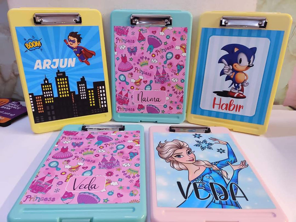 Personalized kids' clipboards: Arjun, Habir, Veda