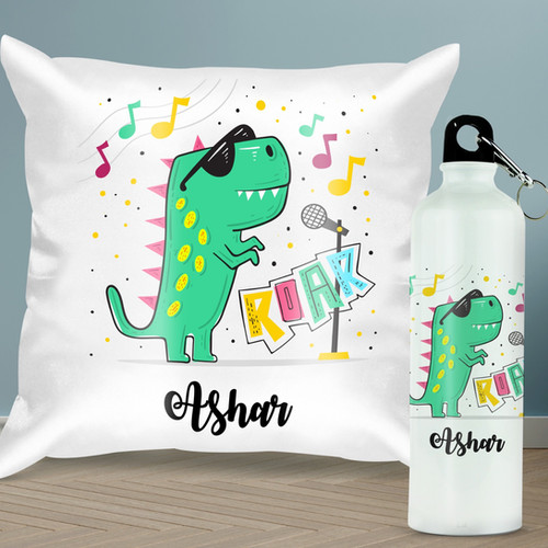 Personalised cushion and steel bottle combo for kids