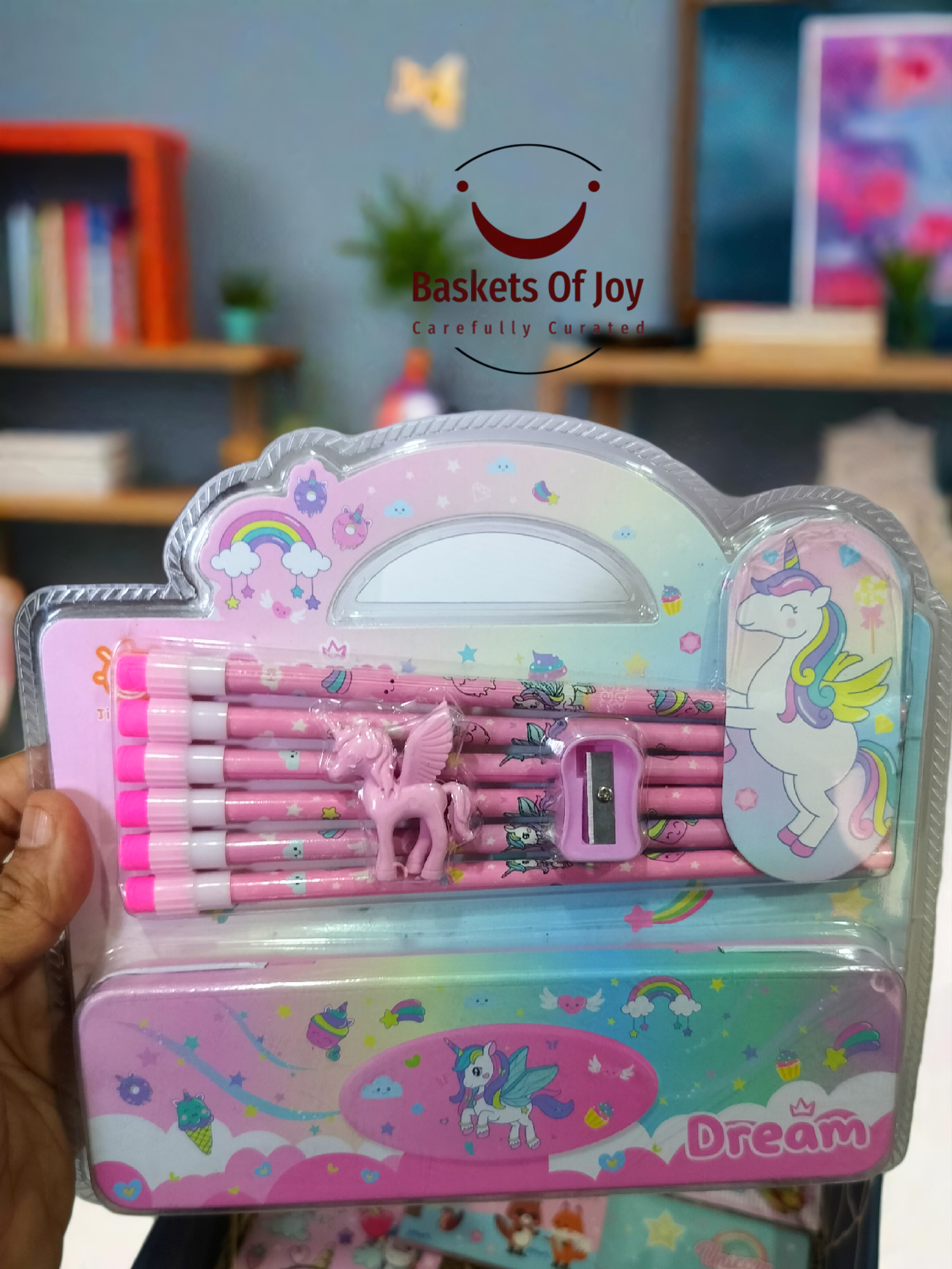 Unicorn stationery set: pencils, sharpener, eraser, in pink case