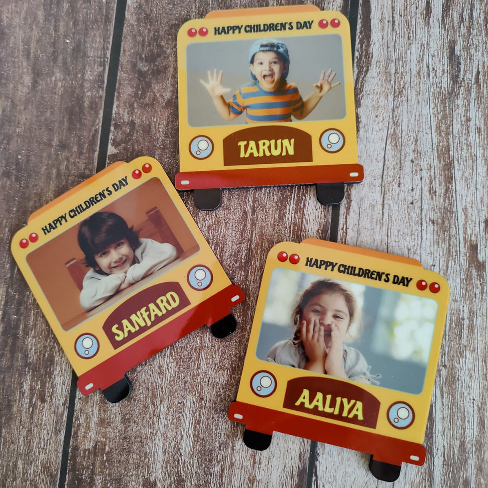 Three personalized bus photo frames: Tarun, Sanfaird, Aaliya