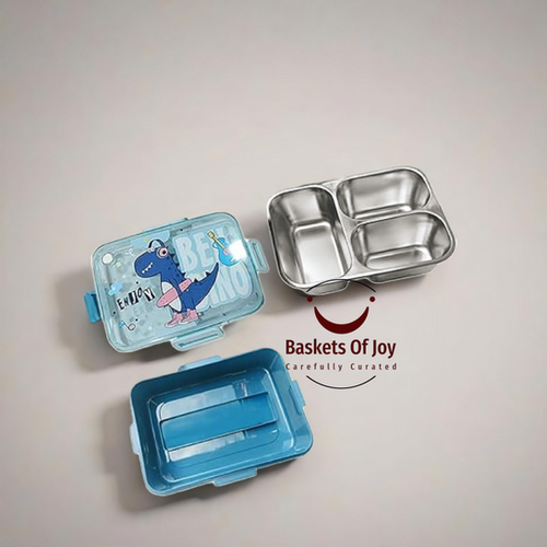 Dinosaur steel bento lunch box with three compartments