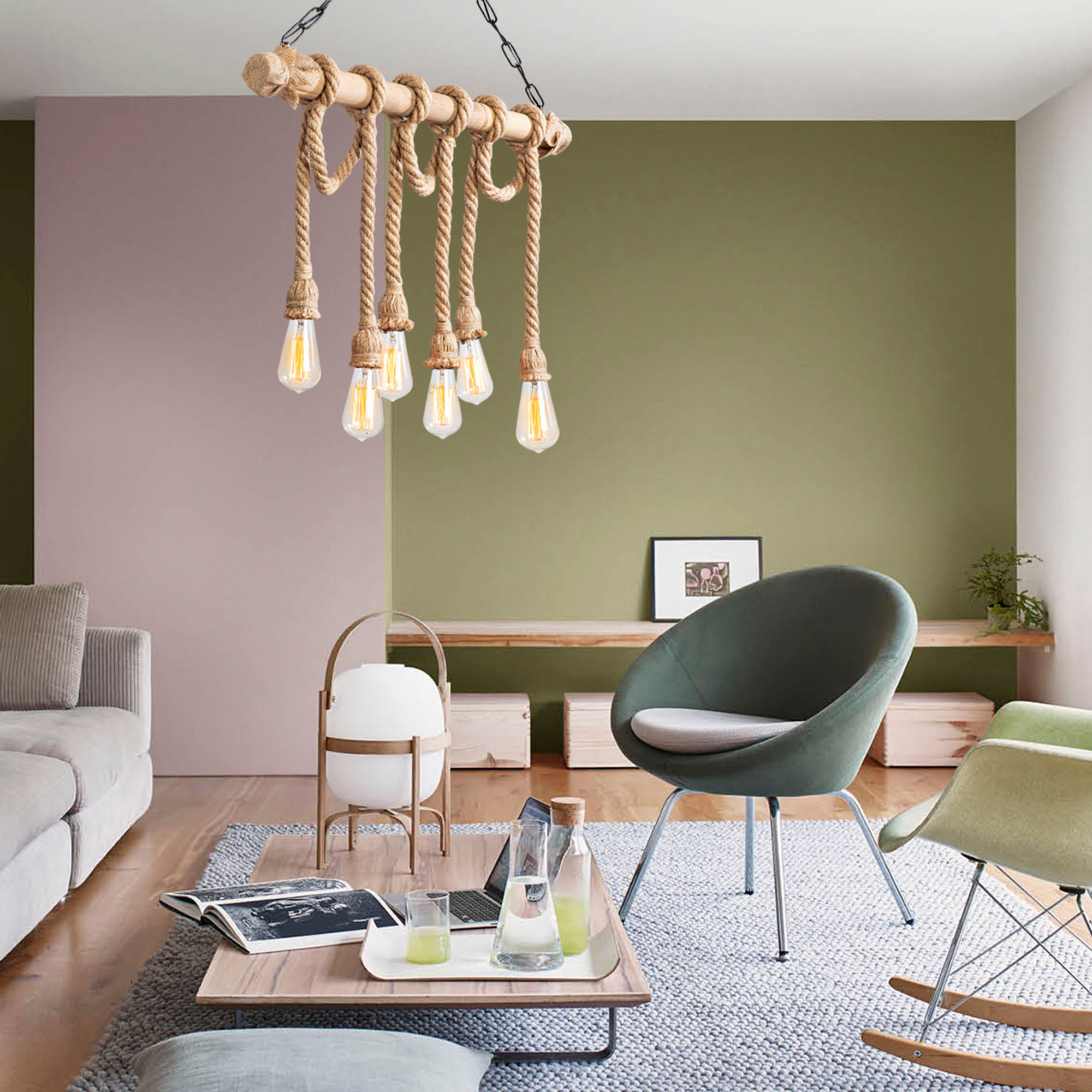 Suspension LED 'Montreuil 10' Noir/Bois 1 x E27