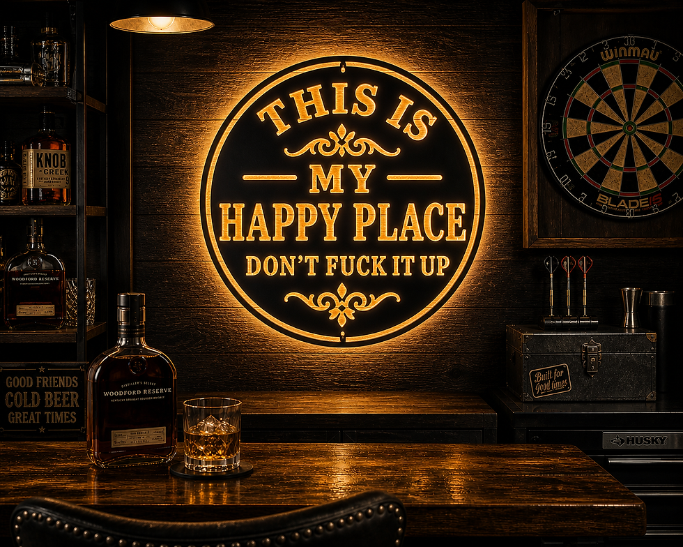 Rustic metal bar sign in garage man cave with whiskey setup and warm backlighting glowing through cut-out lettering
