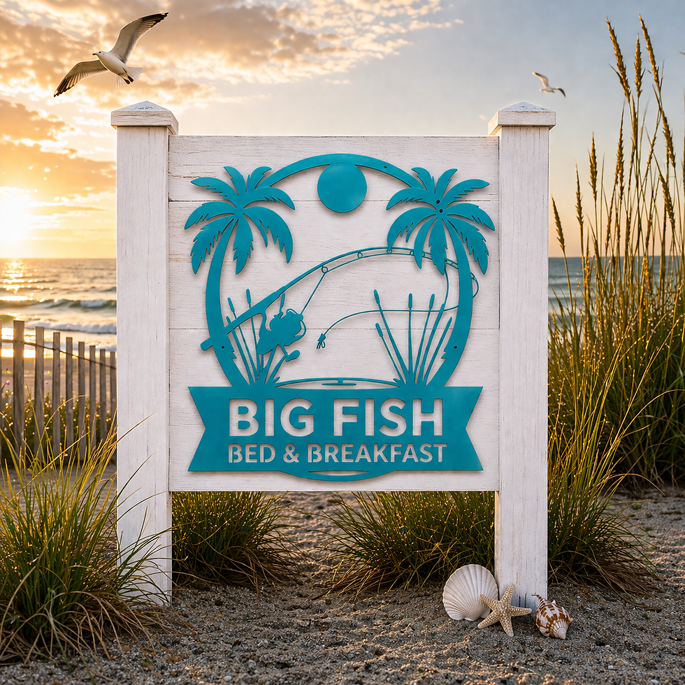 Turquoise coastal metal sign with palm trees and fishing scene mounted on a beach fence at sunset