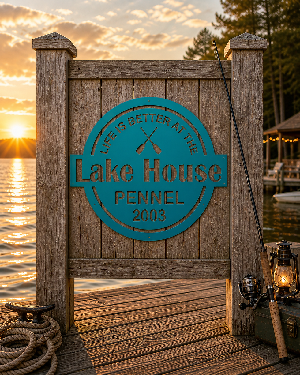 Custom turquoise life is better at the lake house metal sign at dusk for coastal home decor