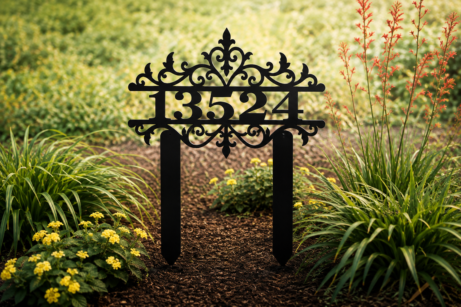 Mediterranean address yard stake with custom house numbers displayed in a landscaped flower bed
