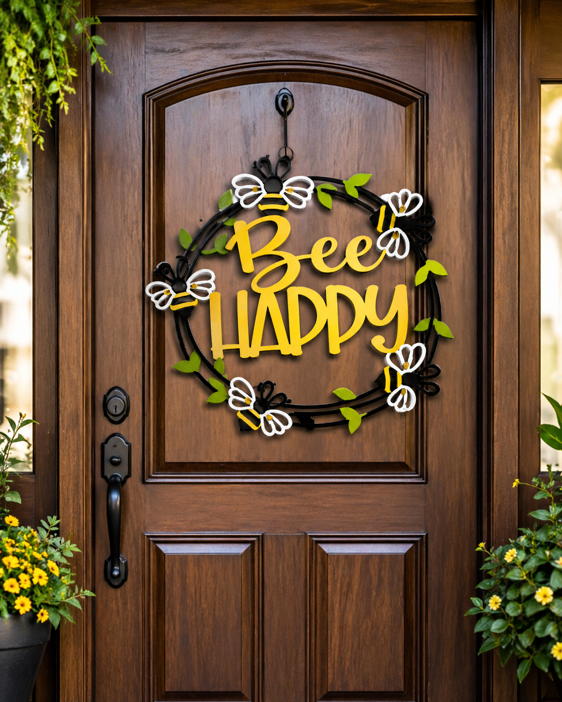 Bee Happy metal garden wall art with bee and floral design