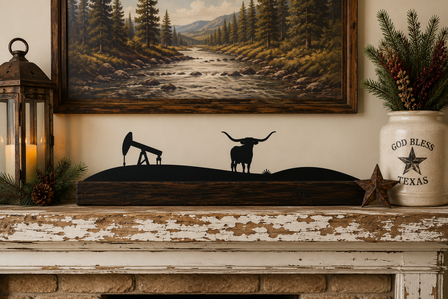 Texas Longhorn & Pumpjack Mantel & Tabletop Décor with black steel longhorn and oil pumpjack silhouette on stained wood base.