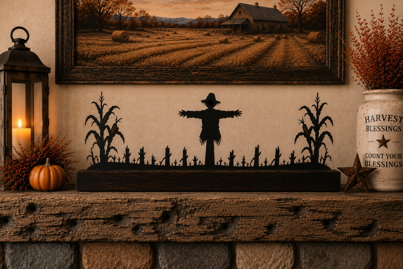 Harvest Scarecrow Mantel & Tabletop Décor with black steel scarecrow and cornstalk silhouette on stained wood base.