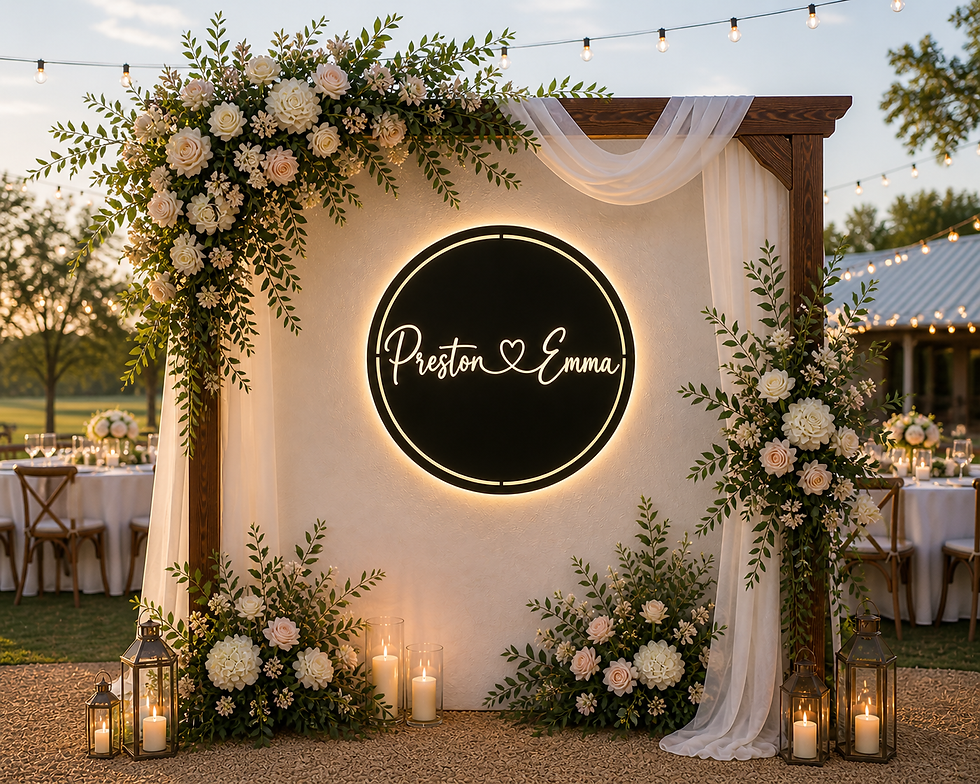 Thumbnail: Backlit round metal wedding sign with connected cursive couple names displayed at elegant outdoor wedding reception backdrop