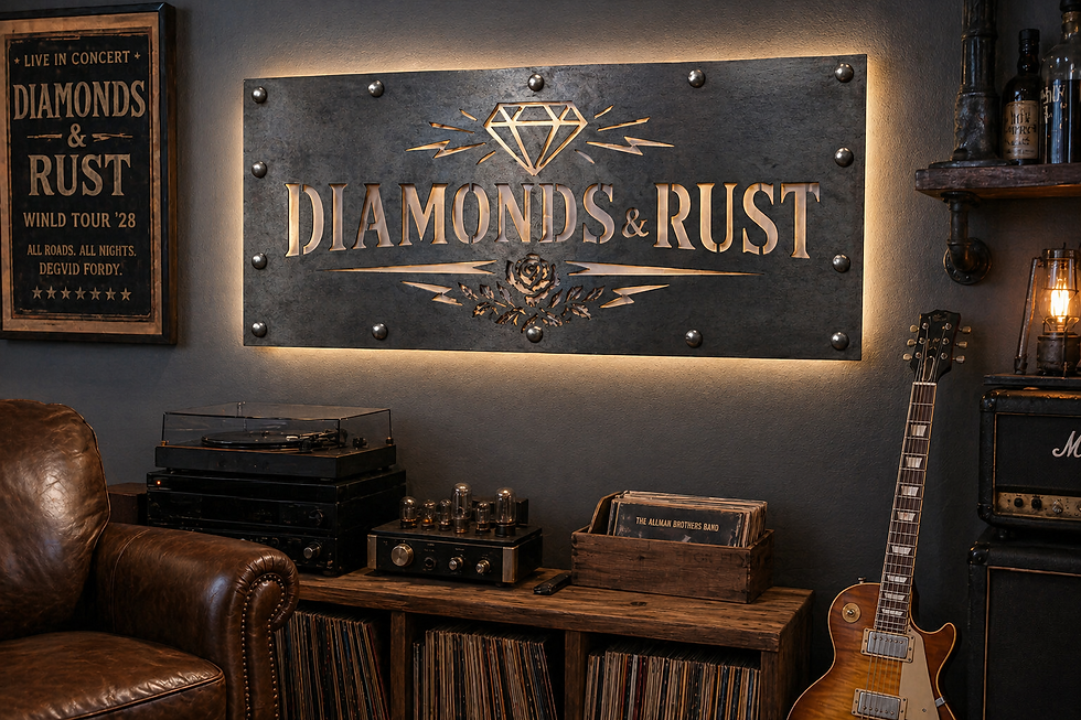 Rock music metal wall art with backlit steel sign above amplifier in a moody listening room, handcrafted decor made in Texas