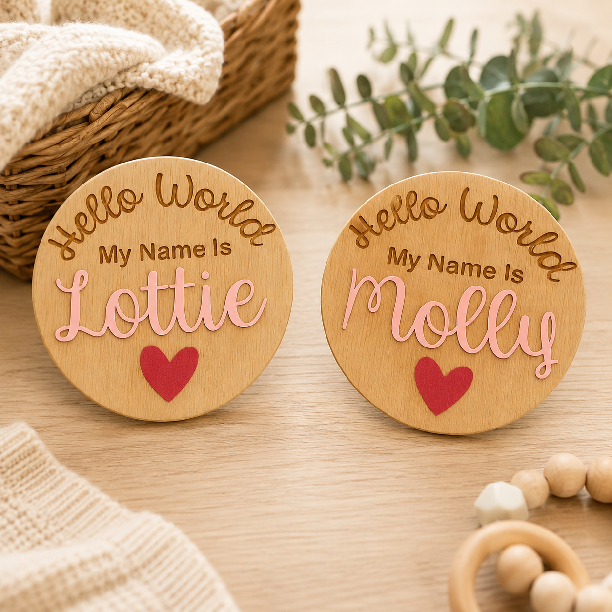 Personalised "Hello World" name plaques for birth