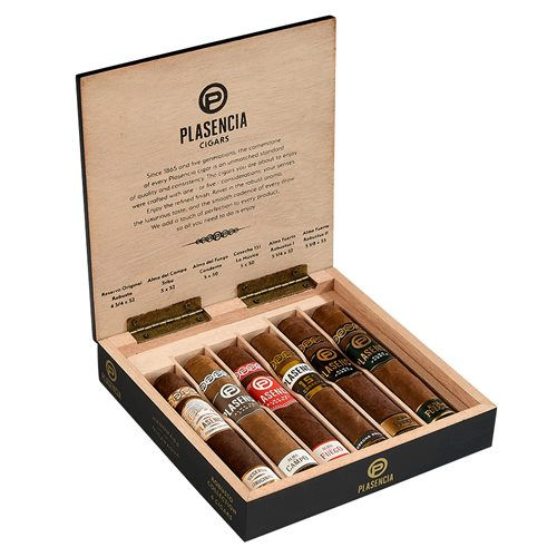 Wooden gift box featuring an assortment of six Plasencia cigars