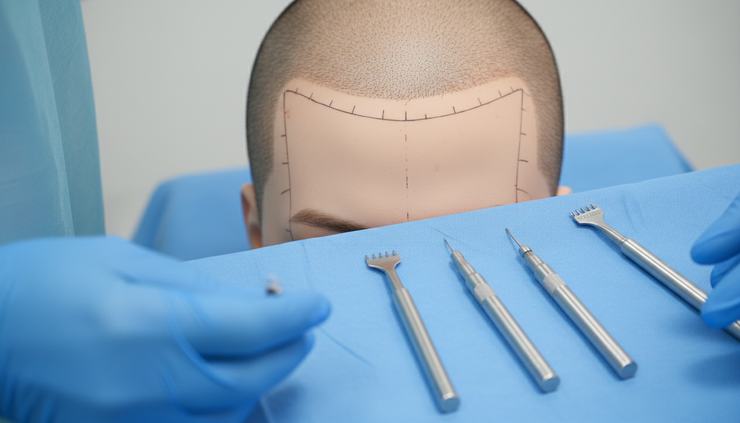 Eye-level view of a prepared hairline area with implanter tools resting on a sterile drape nearby