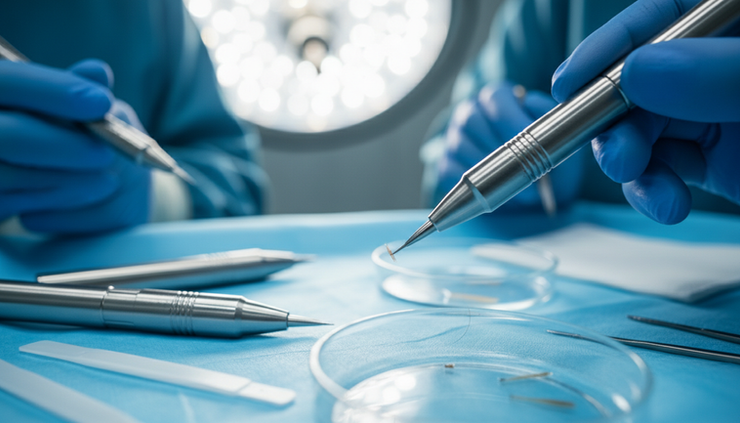 Close-up of a precision hair implanter holding a follicular graft