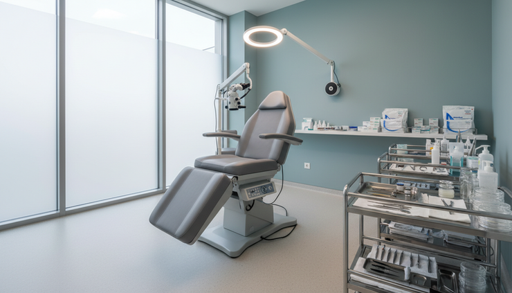 Eye-level view of a calm treatment room prepared for a hair restoration procedure