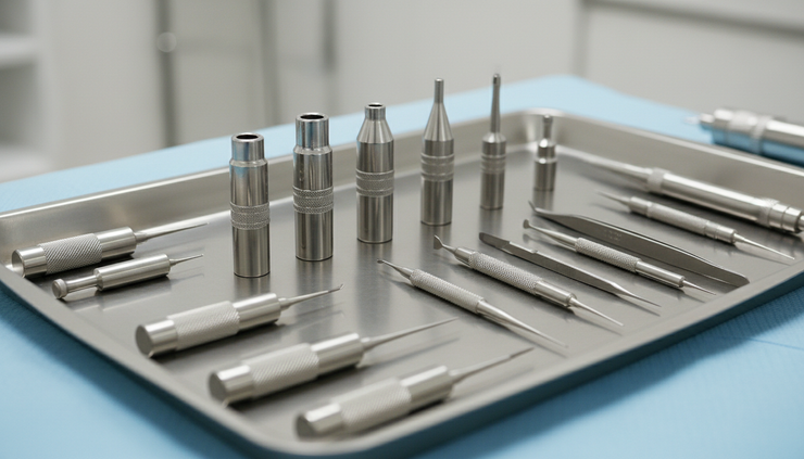 Close-up view of small hair restoration instruments arranged on a sterile tray