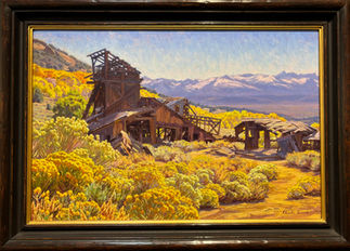 original oil painting of yellow sagebrush with an abandoned building with purple mountains in the background by Charles Muench