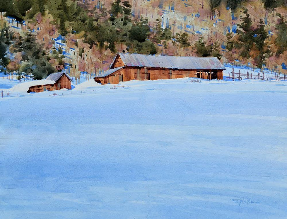 Spike Ress watercolor painting of an old farm partially buried in white snow for sale