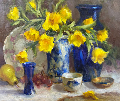 tulips in blue vases by Carlene Reeves