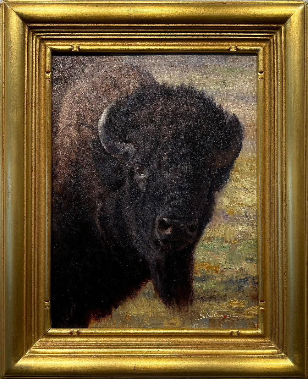 original oil painting of a buffalo by Ryan Skidmore in a gold frame