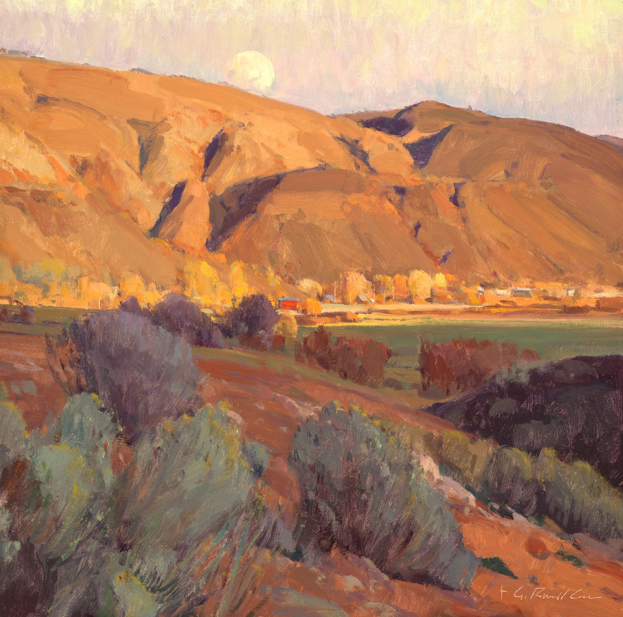 Oil painting of toquerville Utah, by G. Russell Case. The painting features a beautiful landscape of the cliffs and sagebrush, with light shadows and a full moon that shows up in the evening.
