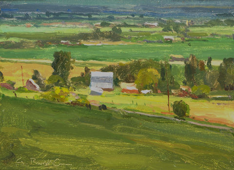 original painting by g Russell case of a green pasture with dark clouds and farm houses
