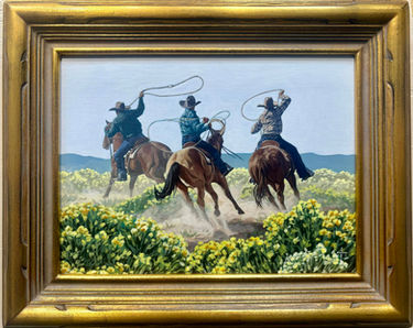 painting of cowboys on horses in pursuit of something with a lasso