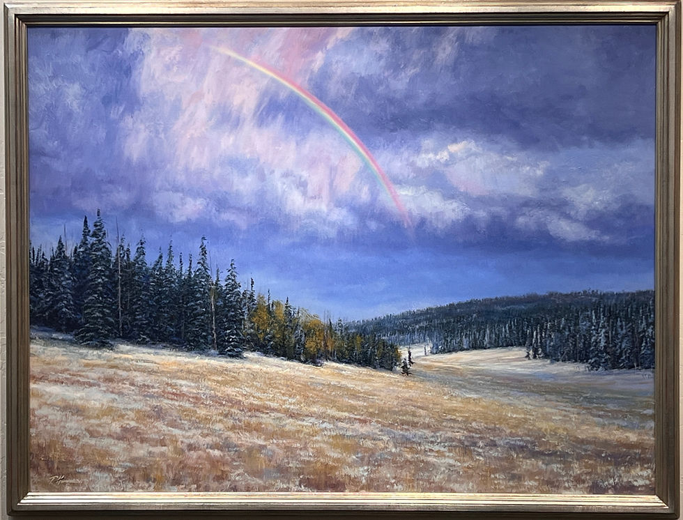 original oil painting by Travis Humphreys of a rainbow in a beautiful snowy mountain range with sagebrush an pine trees