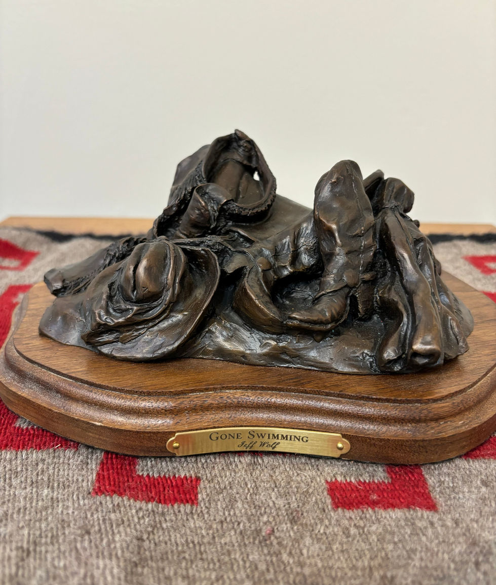 a bronze sculpture titled gone swimming sits on a wooden base, gold river gallery, bronze sculpture