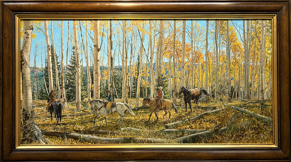 Cowboys and horses beneath quaking aspen trees by Kensey kendrick