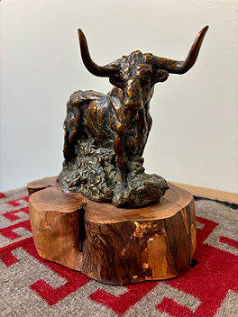 Bronze sculpture by Jeff Wolf of a longhorn bull at Gold river Gallery