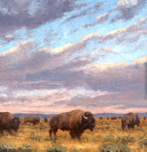 oil painting of buffalo under clouds by Ryan skidmore