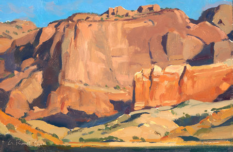 original painting by Russell case of red rock cliffs