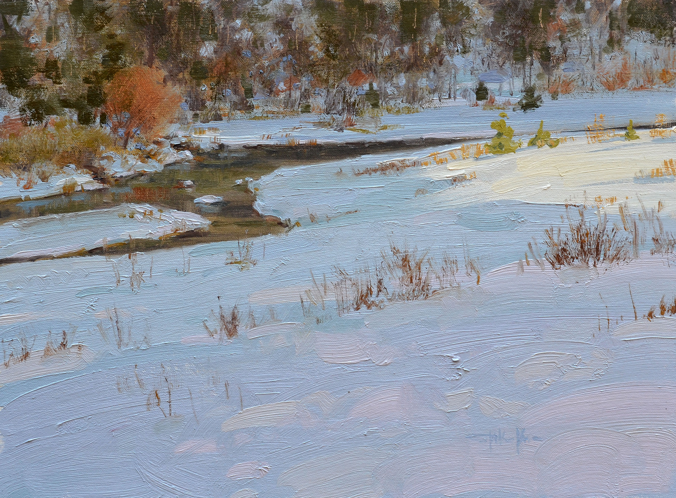 oil painting of a river in winter by Spike Ress