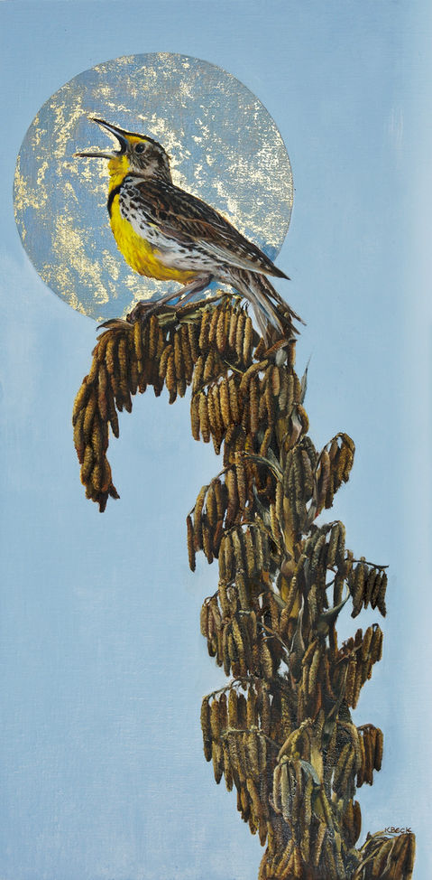 Meadowlark, lark, Kimberly beck birds, Kimberly beck, paintings by Kimberly beck, Kimberly beck oils, art by Kimberly beck, bird paintings, paintings on gold leaf, gold leaf art, bird in art, art of birds, paintings of birds, realistic, museum style art, fine art, fine art collector, collectible art, art for collecting, art for sale, art for collectors