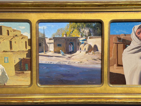 3 paintings representing life in Taos New Mexico by Josh Elliott, Logan Maxwell Hagege, and Glenn Dean